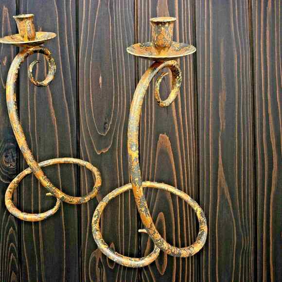 Pair of 14" Snake Serpent Scroll Camouflage Wrought Iron Candlestick Holders VTG - Picture 4 of 12
